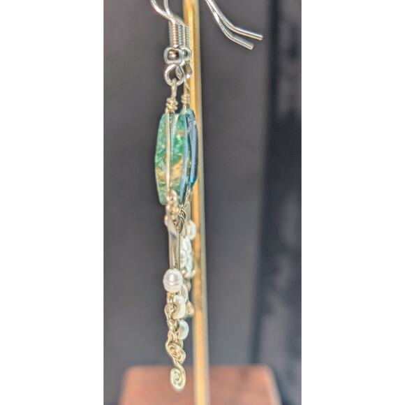 Sterling Pearl Turquoise Dangle Earrings Missing Middle Rod & Pearl - Picture 3 of 5